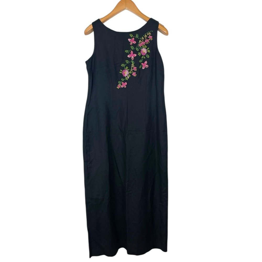 Vintage Jessica Howard Black Linen Dress Beaded Floral Embroidery Womens Size 14